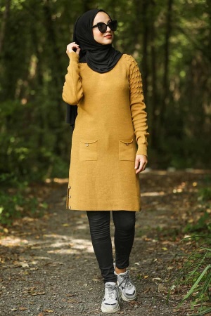 Neva Style - Kolları Detaylı Hardal Tesettür Triko Tunik 14546HR - 1