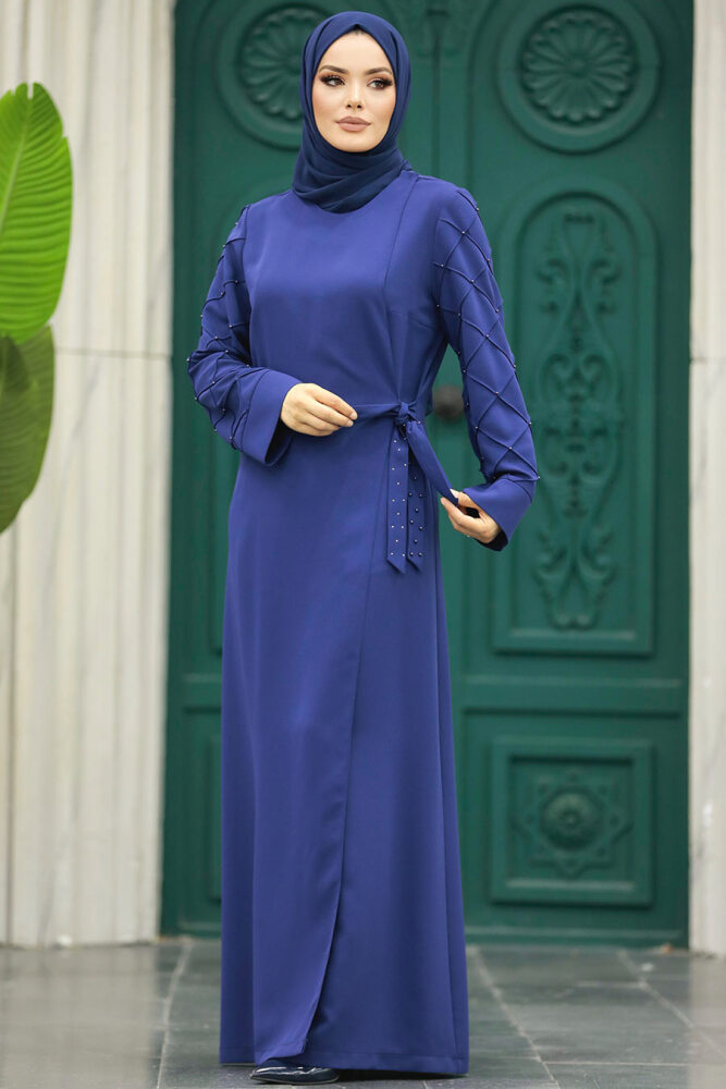 Neva Style - Kolları Detaylı İndigo Mavisi Tesettür Abaya 20631IM - 4