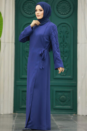 Neva Style - Kolları Detaylı İndigo Mavisi Tesettür Abaya 20631IM - 2