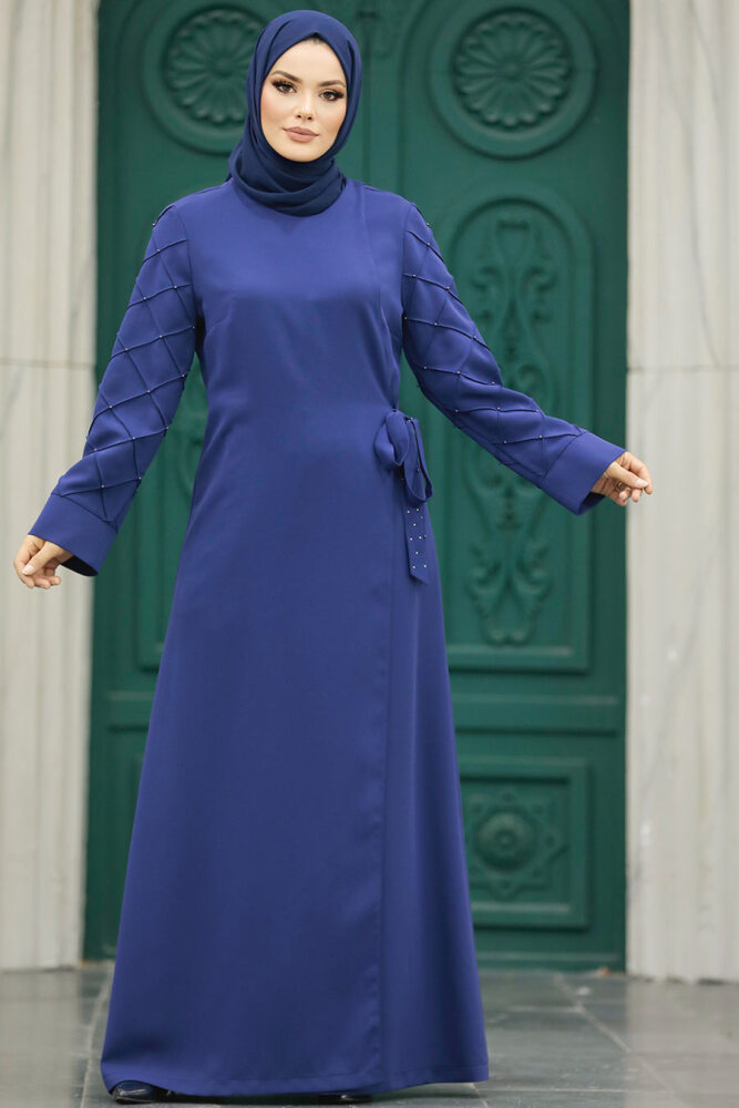 Neva Style - Kolları Detaylı İndigo Mavisi Tesettür Abaya 20631IM - 1