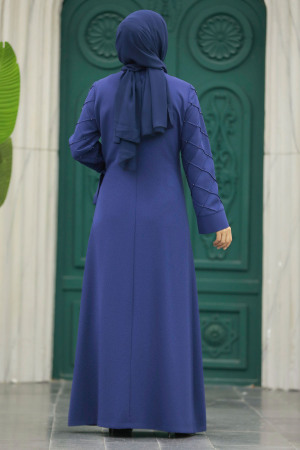 Neva Style - Kolları Detaylı İndigo Mavisi Tesettür Abaya 20631IM - 5