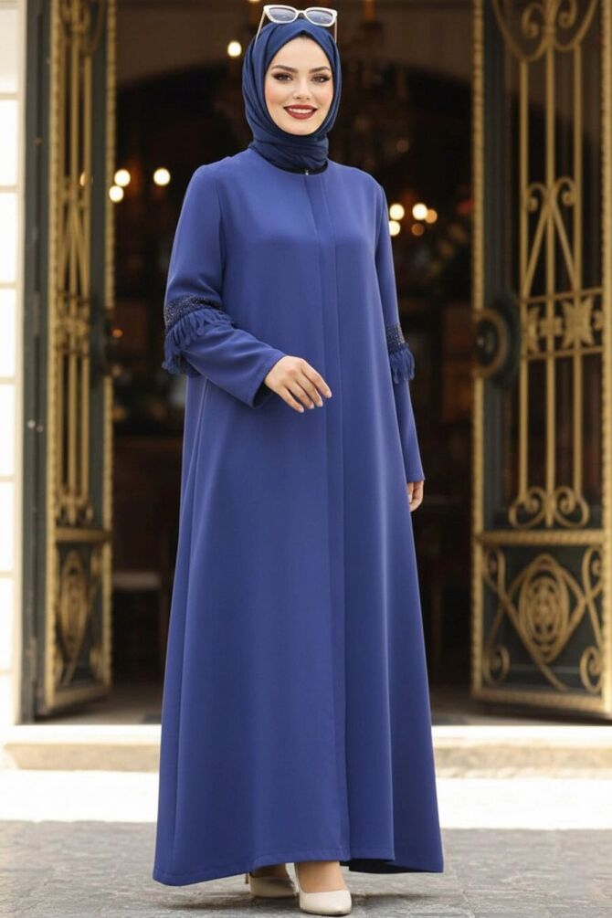 Abaya longue à détails sur les manches – Bleu indigo 10021IM - 1