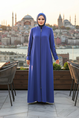  Kolları Detaylı İndigo Mavisi Tesettür Ferace 10081IM - 1