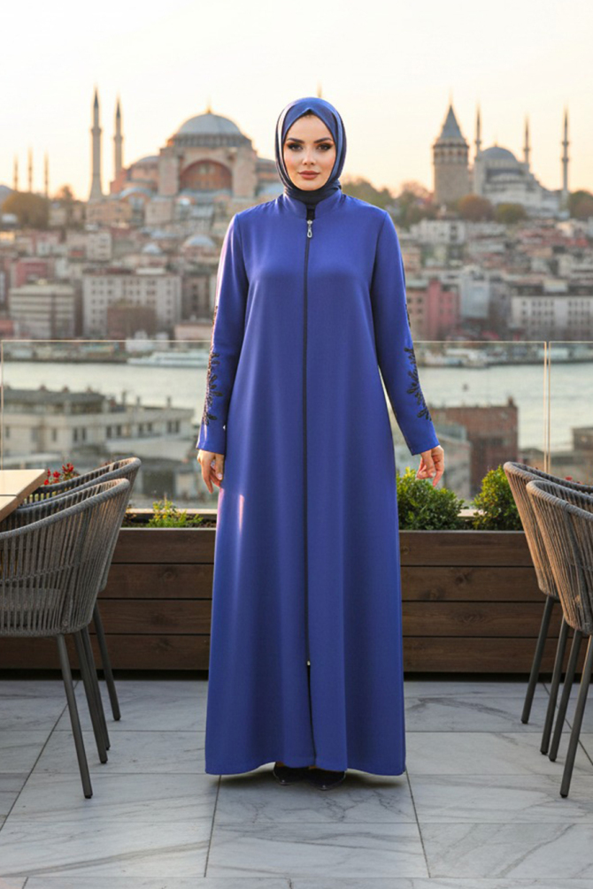  Kolları Detaylı İndigo Mavisi Tesettür Ferace 10081IM - 1