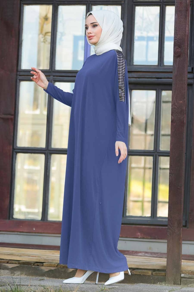 Neva Style - Kolları Detaylı İndigo Mavisi Tesettür Ferace 1671IM - 1