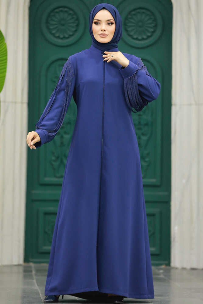 Neva Style - Kolları Detaylı İndigo Mavisi Tesettür Ferace 20074IM - 2