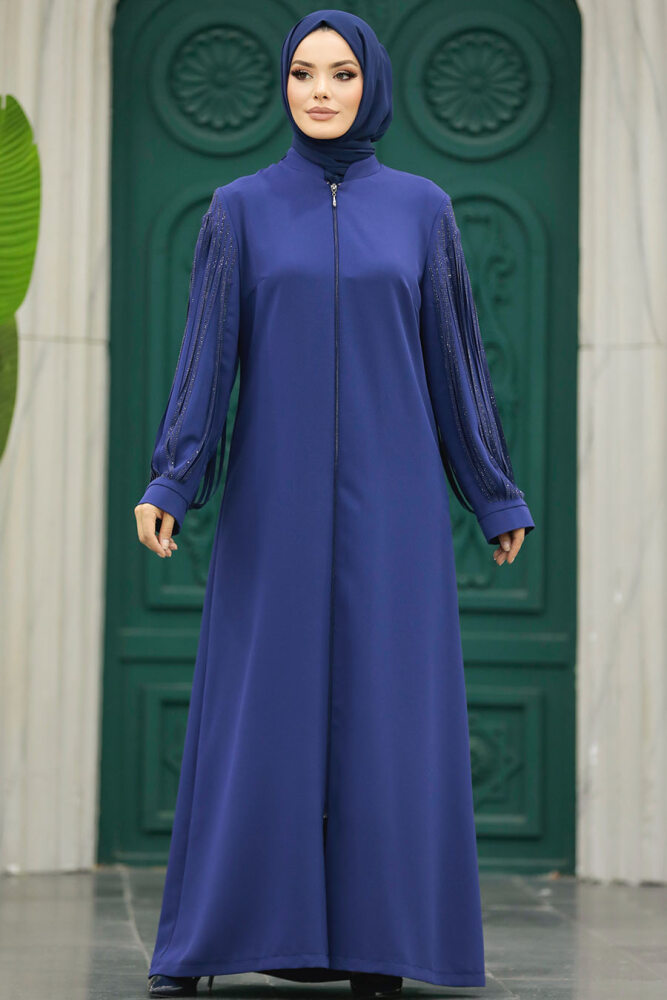Neva Style - Kolları Detaylı İndigo Mavisi Tesettür Ferace 20074IM - 1