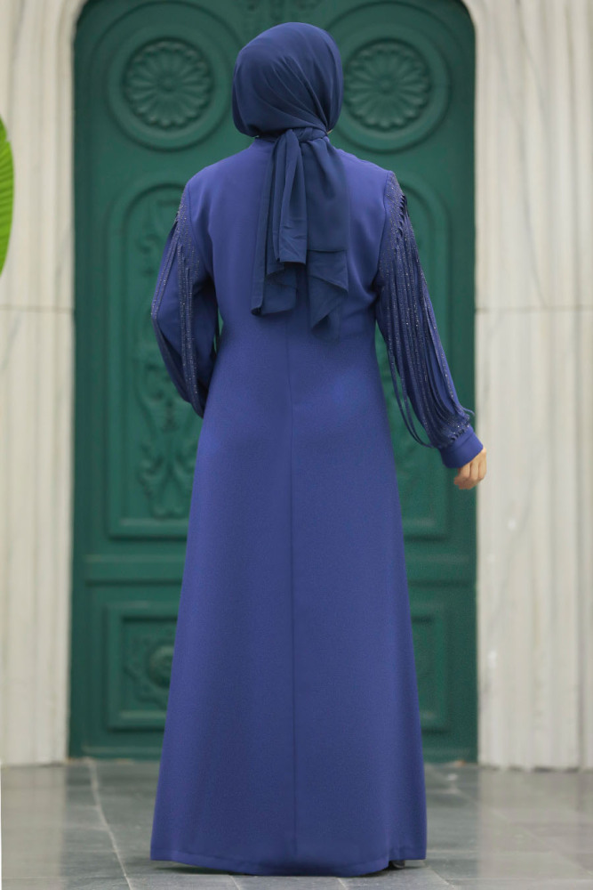 Neva Style - Kolları Detaylı İndigo Mavisi Tesettür Ferace 20074IM - 3