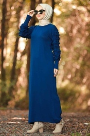 Neva Style - Kolları Detaylı İndigo Mavisi Tesettür Triko Elbise 1020IM - Thumbnail