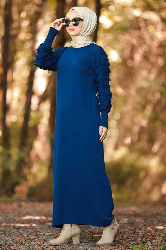 Neva Style - Kolları Detaylı İndigo Mavisi Tesettür Triko Elbise 1020IM - 1
