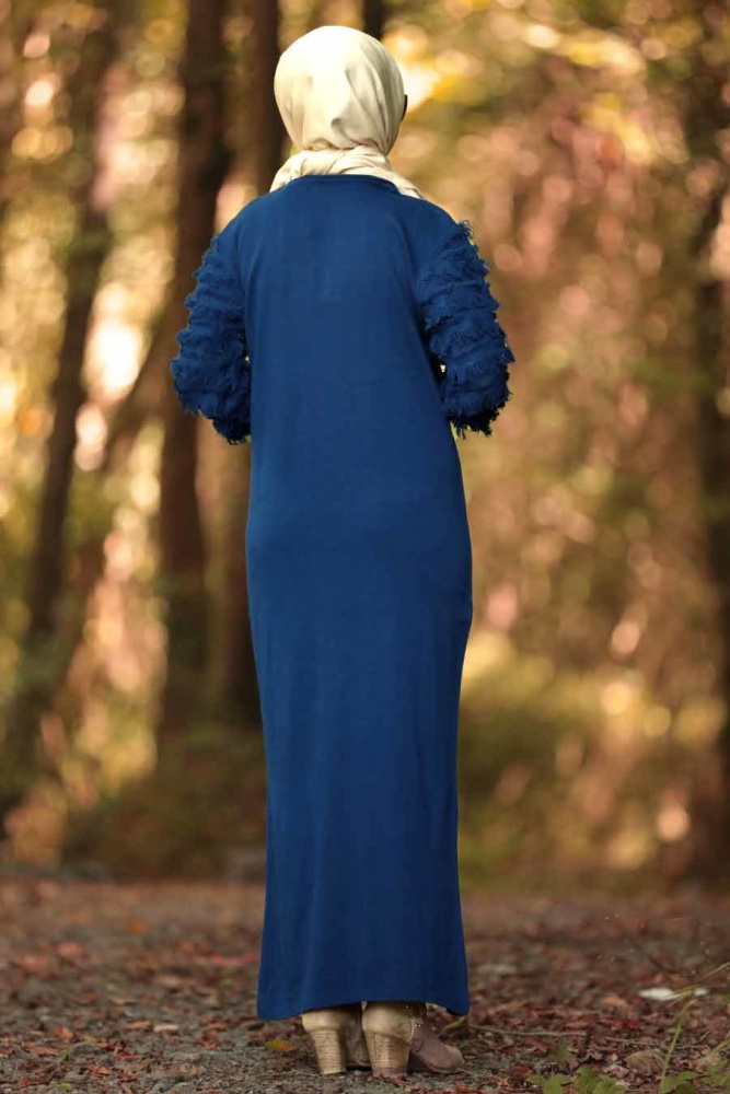 Neva Style - Kolları Detaylı İndigo Mavisi Tesettür Triko Elbise 1020IM - 2