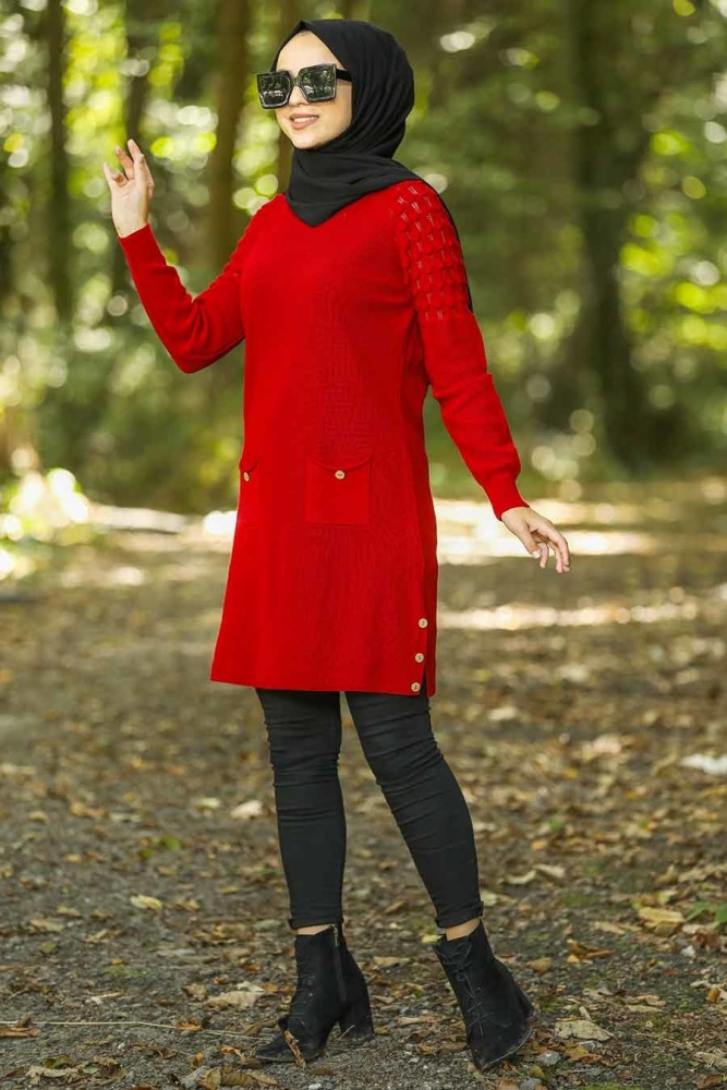 Neva Style - Kolları Detaylı Kırmızı Tesettür Triko Tunik 14546K - 1