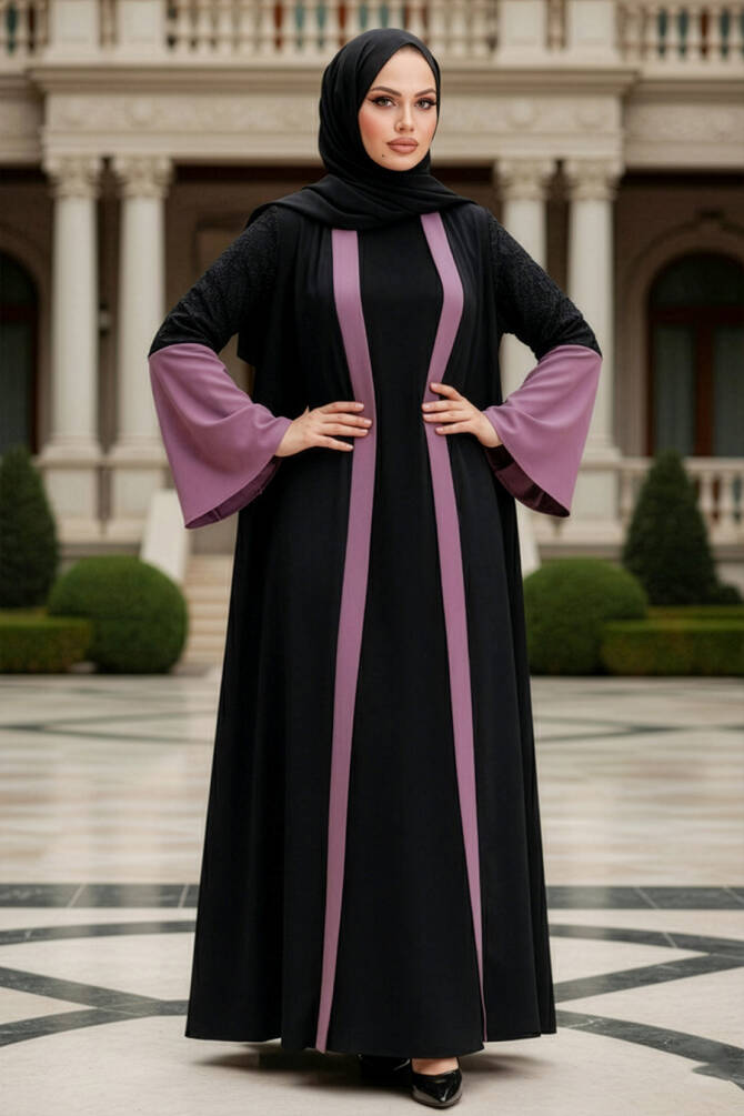  Kolları Detaylı Koyu Gül Kurusu Tesettür Abaya 55510KGK - 1