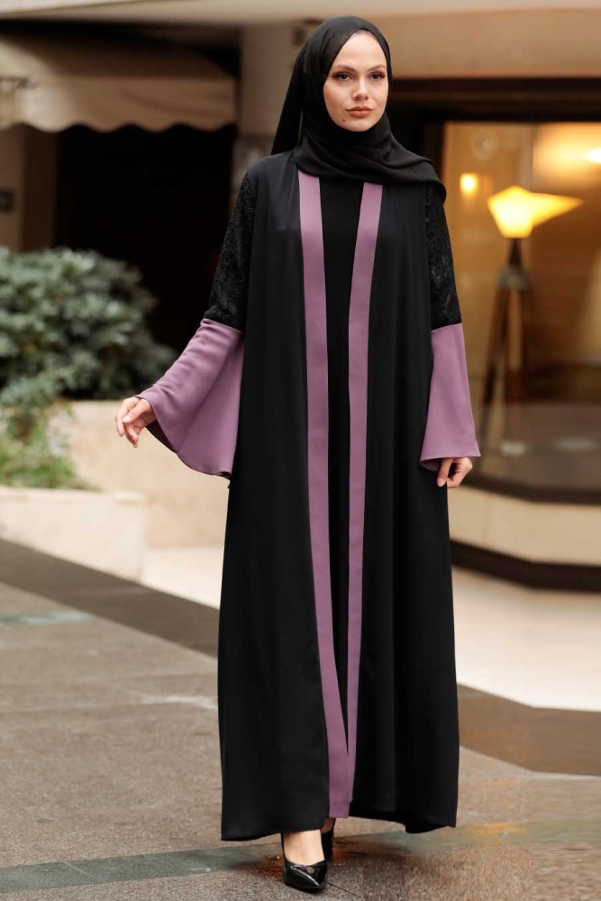 Neva Style - Kolları Detaylı Koyu Gül Kurusu Tesettür Abaya 55510KGK - 3