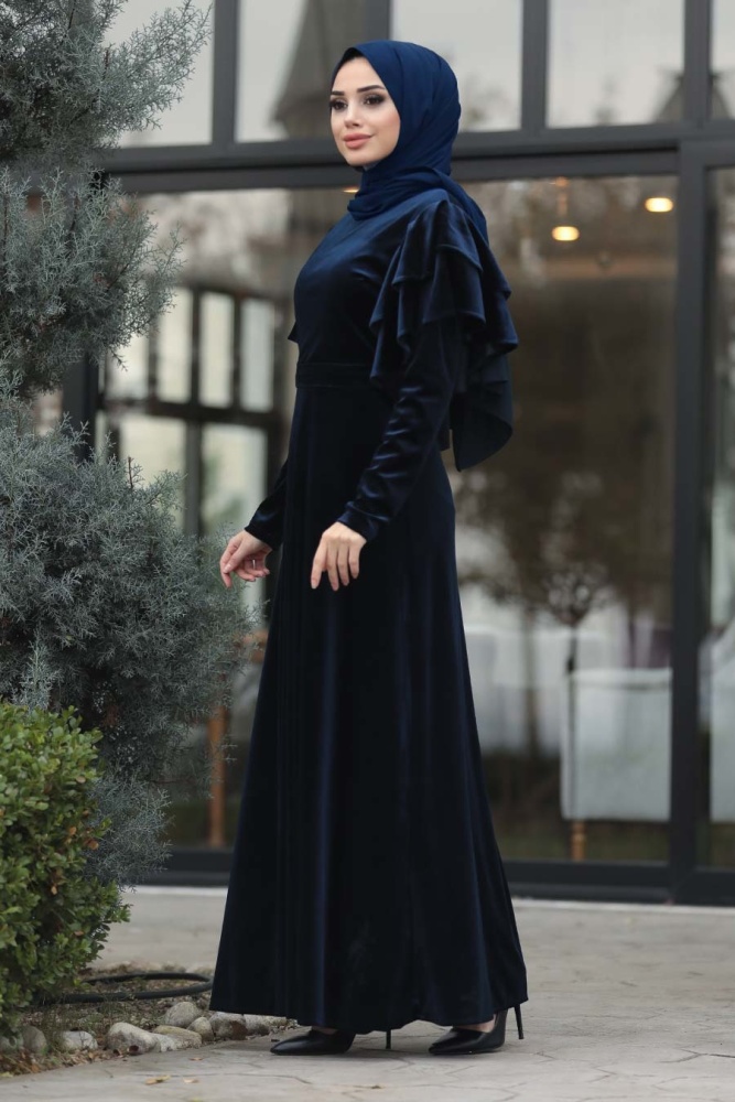 Neva Style - Kolları Detaylı Lacivert Tesettür Kadife Elbise 1456L - 1