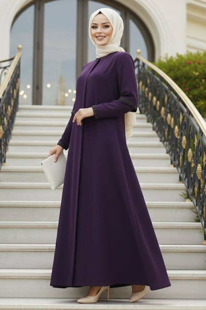  Kolları Detaylı Mürdüm Tesettür Ferace 10091MU - 1
