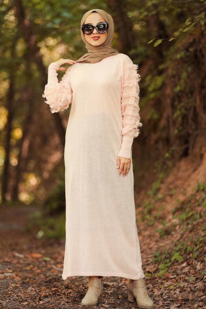 Neva Style - Kolları Detaylı Pudra Tesettür Triko Elbise 1020PD - 1
