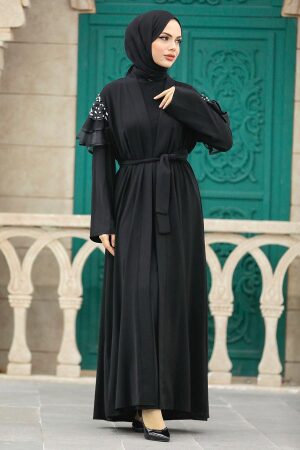 Neva Style - Kolları Detaylı Siyah Tesettür Abaya 388900S - 1