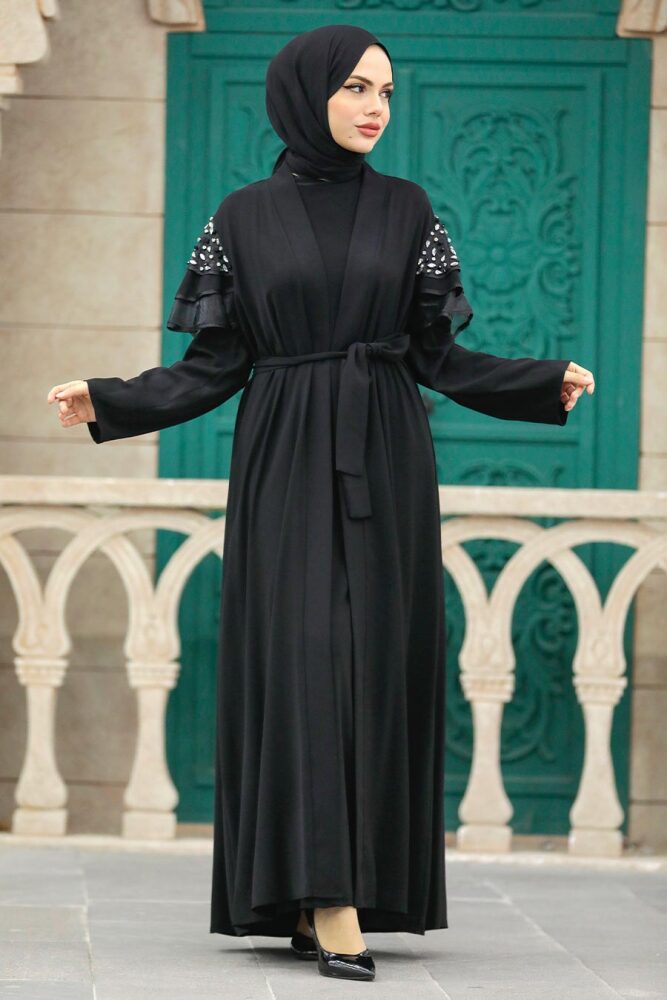 Neva Style - Kolları Detaylı Siyah Tesettür Abaya 388900S - 2