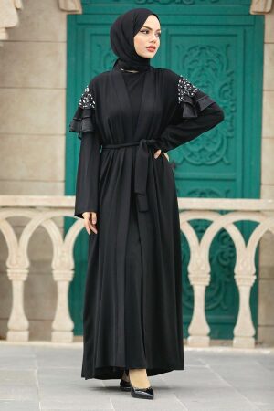 Neva Style - Kolları Detaylı Siyah Tesettür Abaya 388900S - Thumbnail