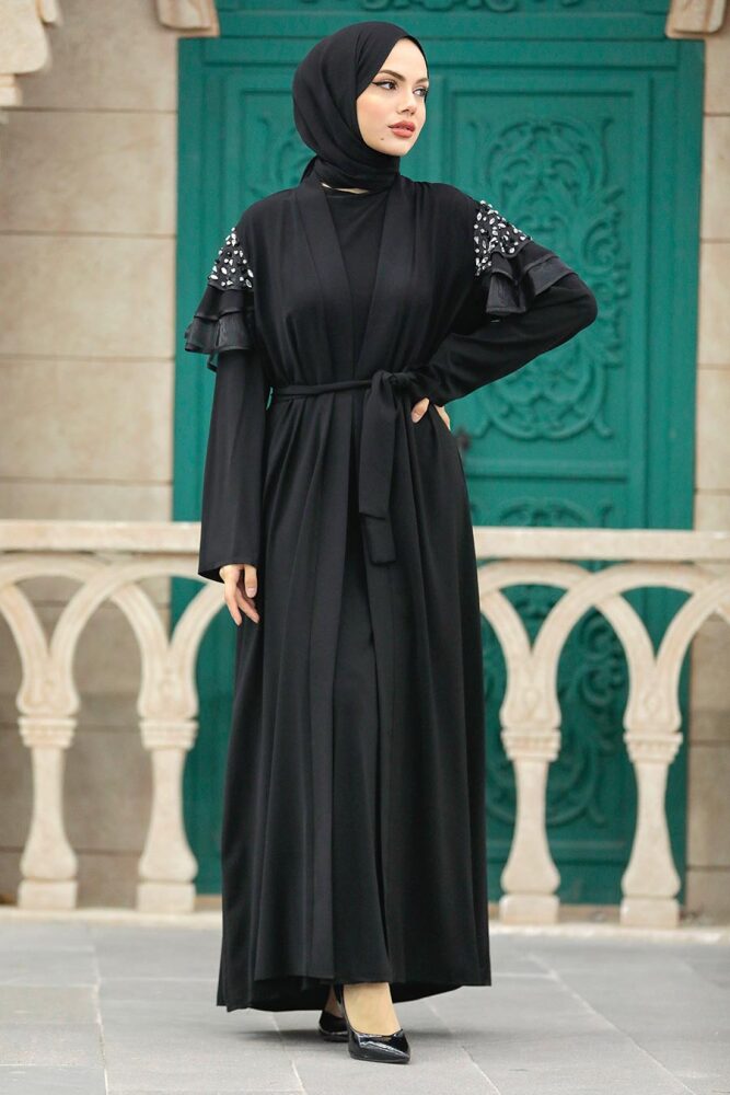 Neva Style - Kolları Detaylı Siyah Tesettür Abaya 388900S - 3