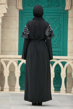 Neva Style - Kolları Detaylı Siyah Tesettür Abaya 388900S - Thumbnail