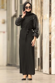 Neva Style - Kolları Detaylı Siyah Tesettür Elbise 1376S - Thumbnail