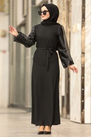 Neva Style - Kolları Detaylı Siyah Tesettür Elbise 1376S - Thumbnail