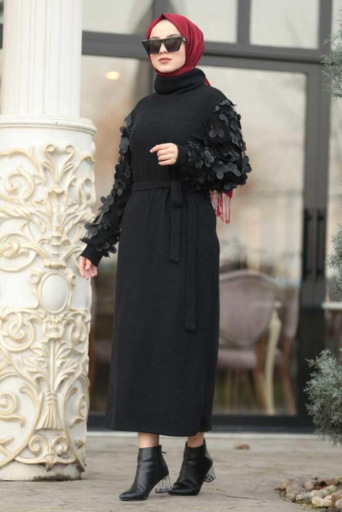 Neva Style - Kolları Detaylı Siyah Tesettür Elbise 8516S - 1