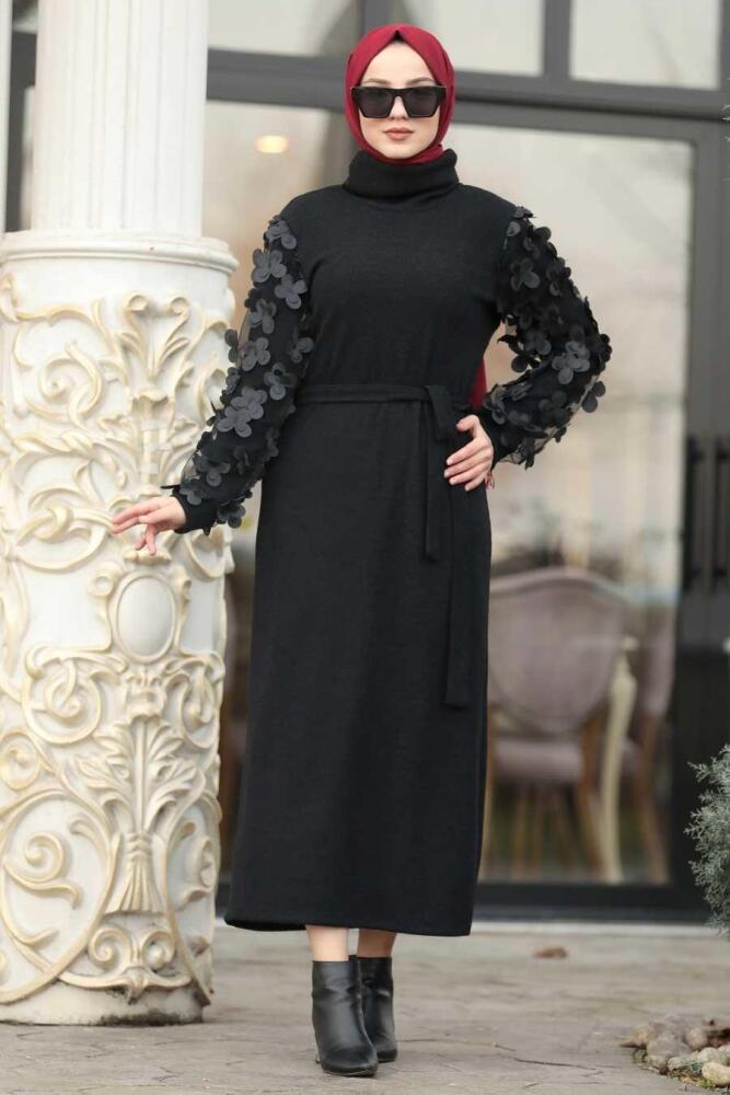 Neva Style - Kolları Detaylı Siyah Tesettür Elbise 8516S - 2