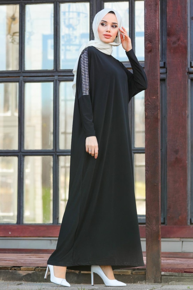 Neva Style - Kolları Detaylı Siyah Tesettür Ferace 1671S - 1