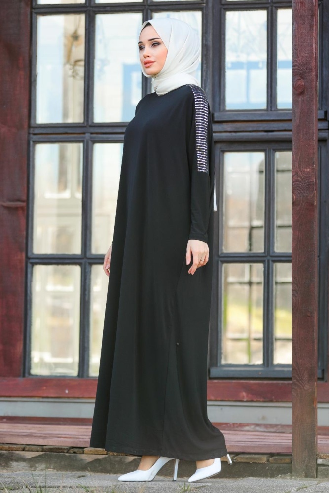 Neva Style - Kolları Detaylı Siyah Tesettür Ferace 1671S - 2