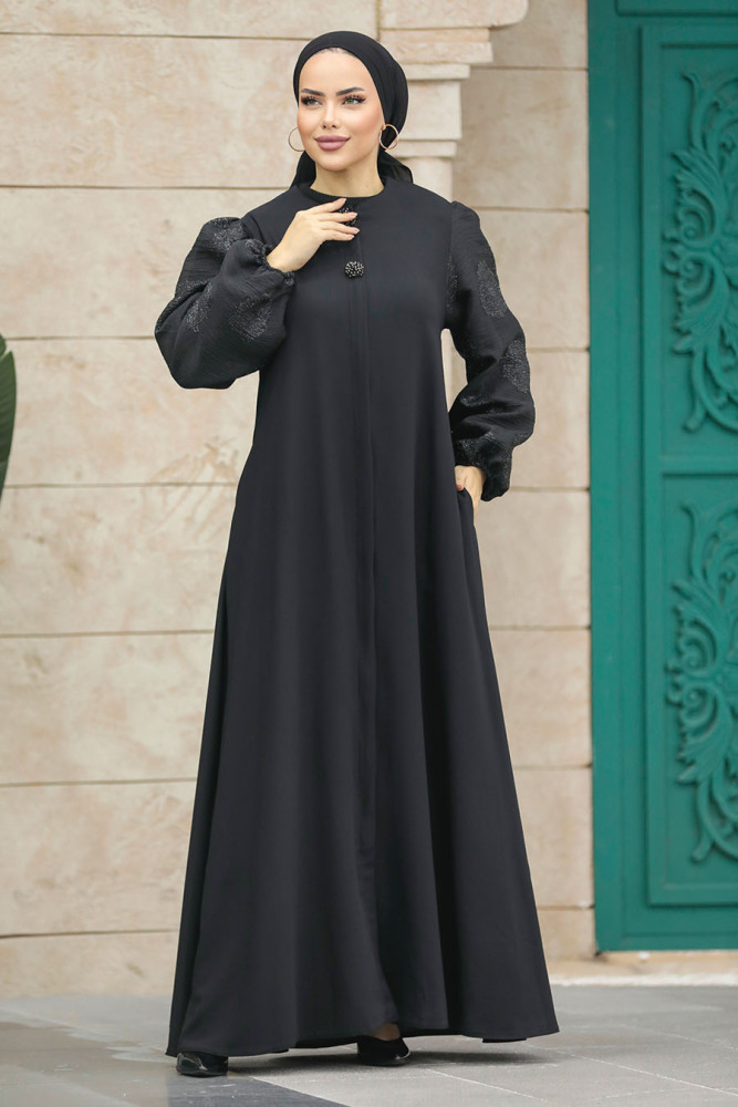 Neva Style - Kolları Detaylı Siyah Tesettür Ferace 20157S - 1