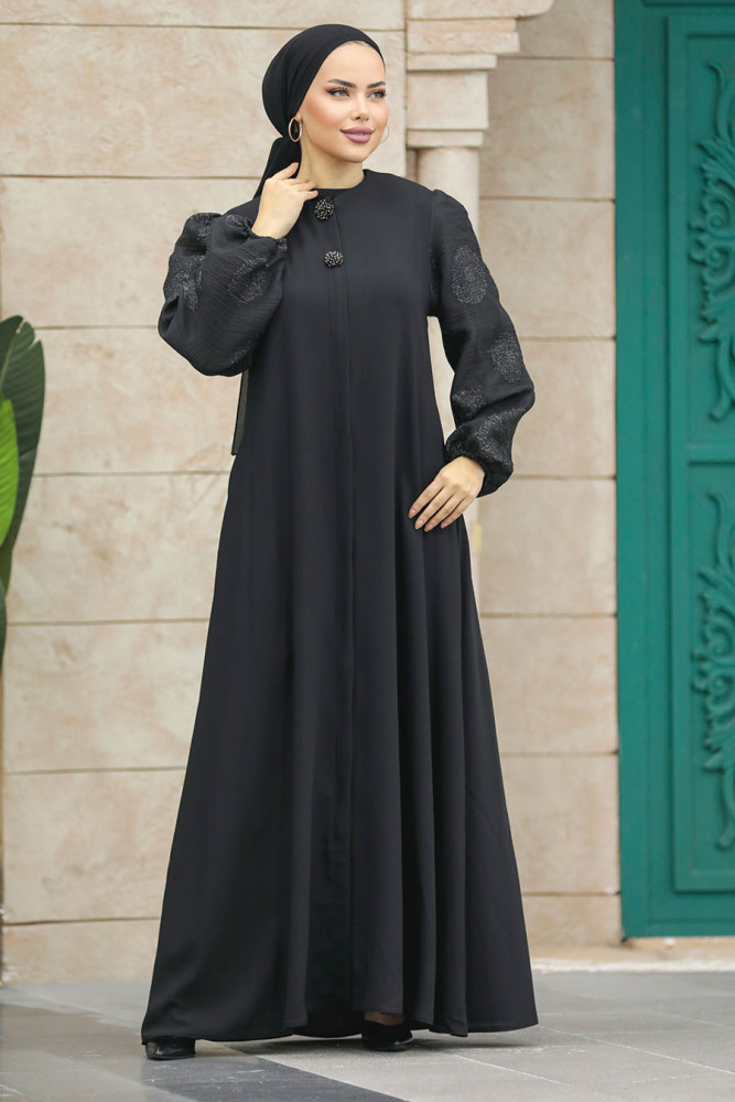 Neva Style - Kolları Detaylı Siyah Tesettür Ferace 20157S - 2
