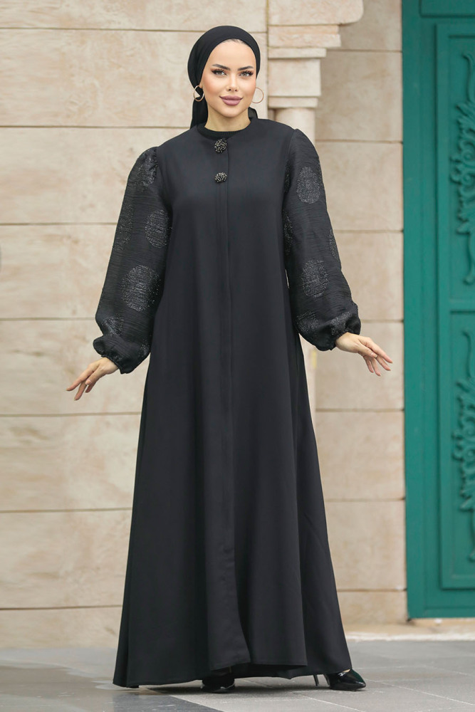 Neva Style - Kolları Detaylı Siyah Tesettür Ferace 20157S - 3