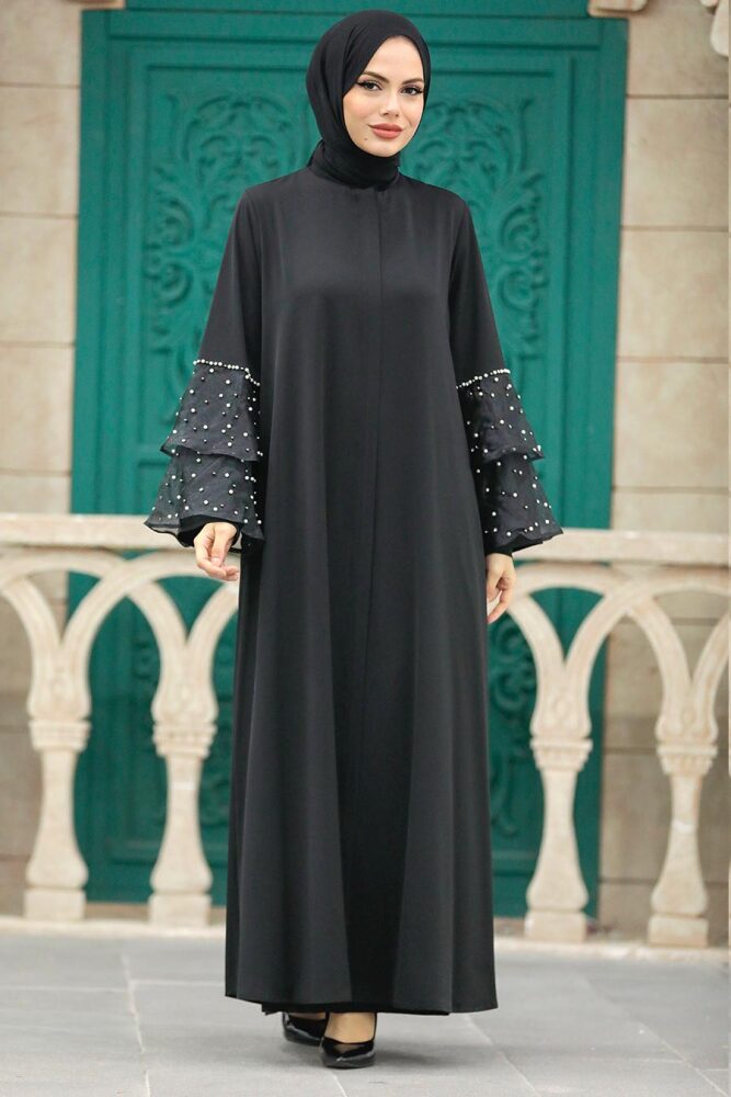  Kolları Detaylı Siyah Tesettür Ferace 376900S - 2