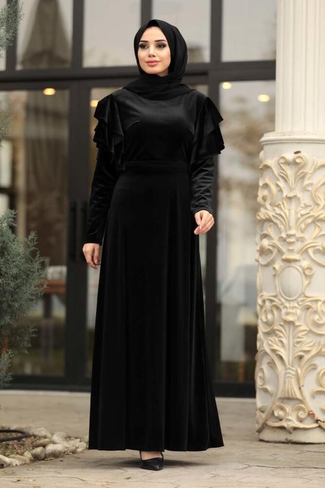 Neva Style - Kolları Detaylı Siyah Tesettür Kadife Elbise 1456S - 1