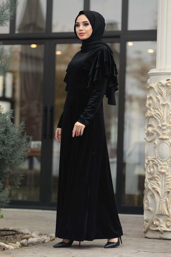 Neva Style - Kolları Detaylı Siyah Tesettür Kadife Elbise 1456S - 2