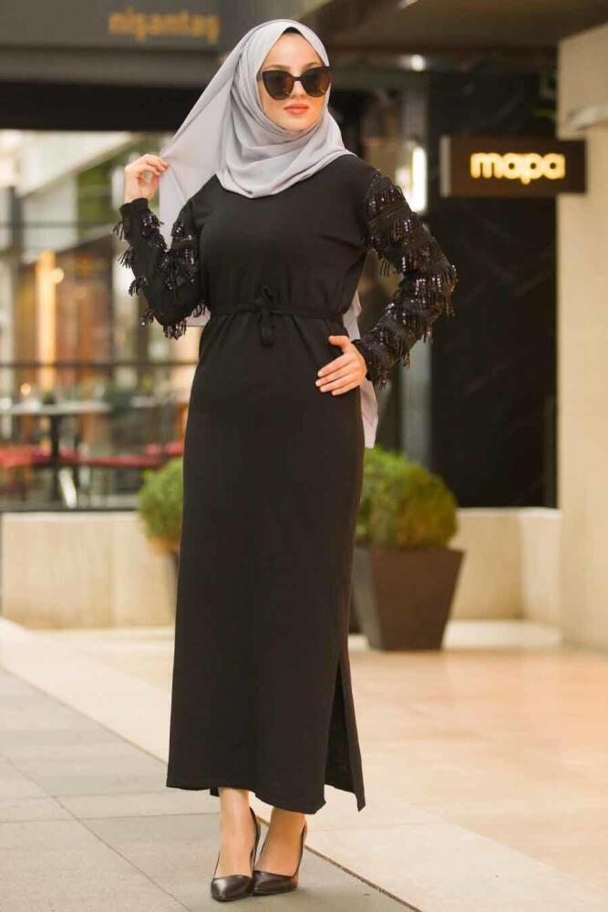 Neva Style - Kolları Detaylı Siyah Tesettür Triko Elbise 15716S - 1
