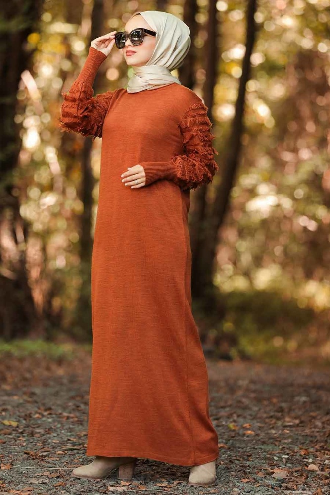 Neva Style - Kolları Detaylı Taba Tesettür Triko Elbise 1020TB - 1