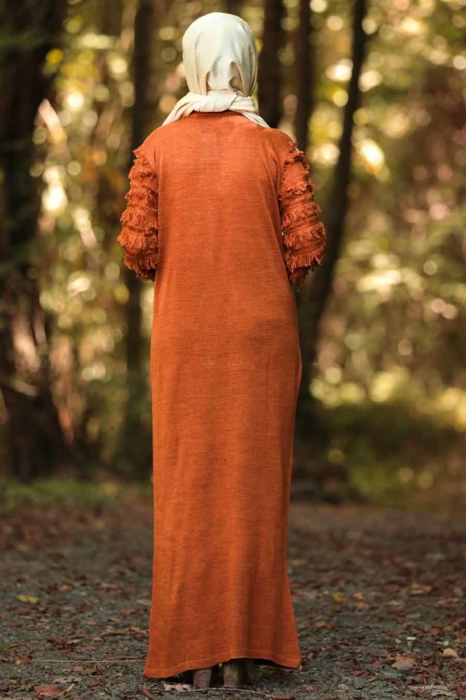 Neva Style - Kolları Detaylı Taba Tesettür Triko Elbise 1020TB - 2