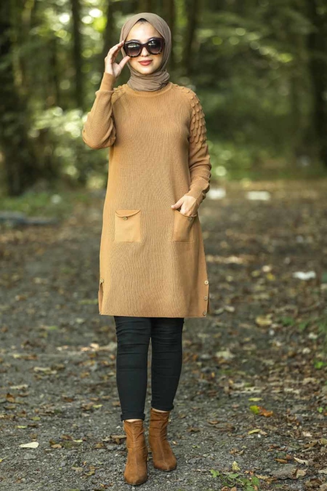 Neva Style - Kolları Detaylı Taba Tesettür Triko Tunik 14546TB - 1