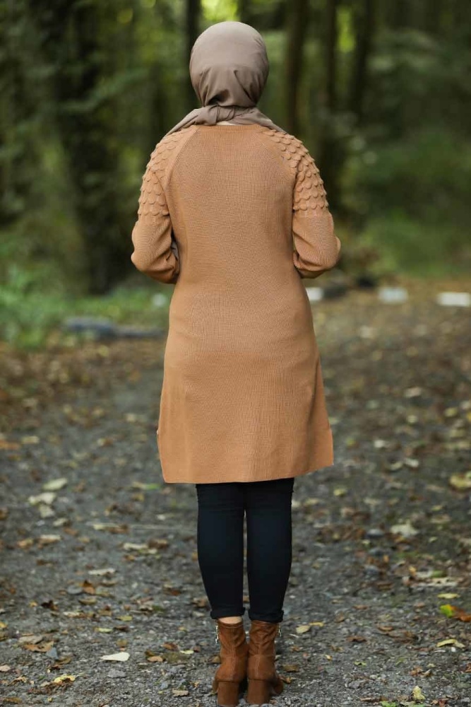 Neva Style - Kolları Detaylı Taba Tesettür Triko Tunik 14546TB - 2