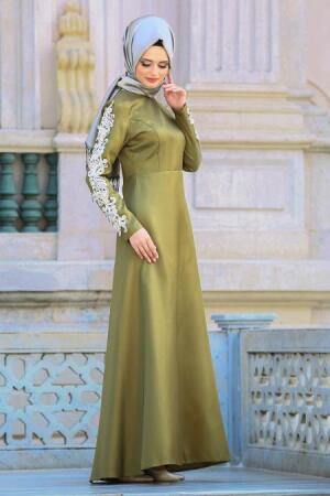 Neva Style - Kolları Detaylı Yağ Yeşili Tesettür Abiye Elbise 3519YY - 1