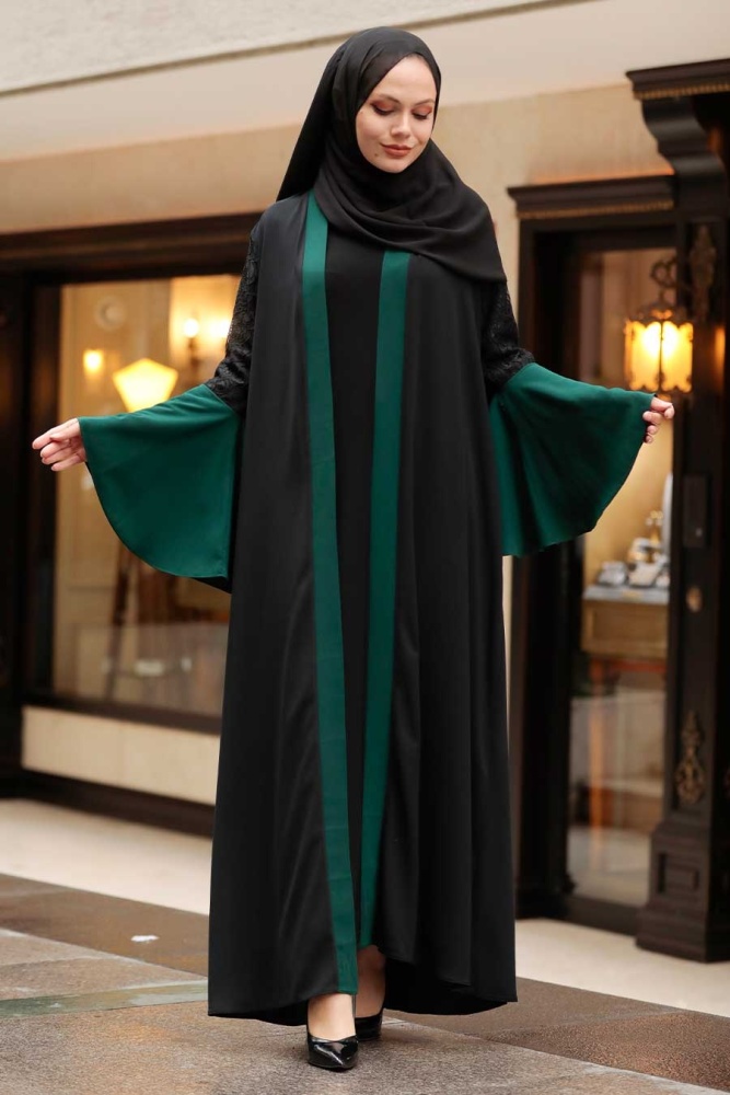 Neva Style - Kolları Detaylı Yeşil Tesettür Abaya 55510Y - 1