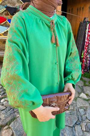 Neva Style - Kolları Detaylı Yeşil Tesettür İkili Takım 9246Y - 3