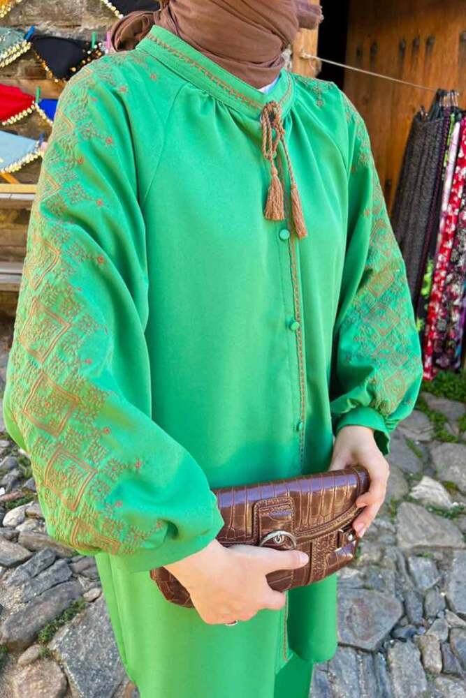 Neva Style - Kolları Detaylı Yeşil Tesettür İkili Takım 9246Y - 3