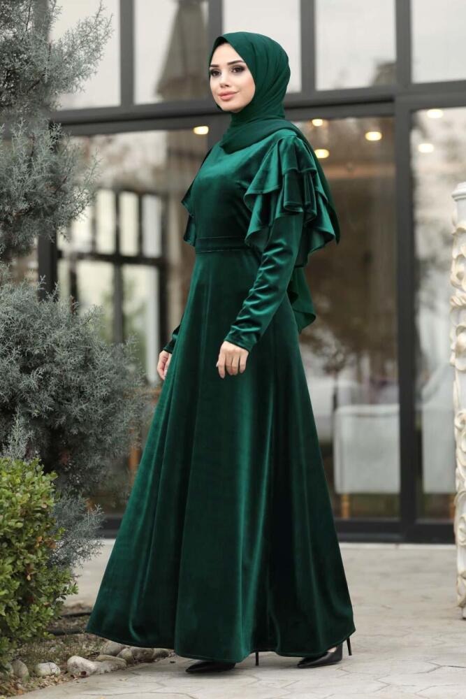 Neva Style - Kolları Detaylı Yeşil Tesettür Kadife Elbise 1456Y - 1
