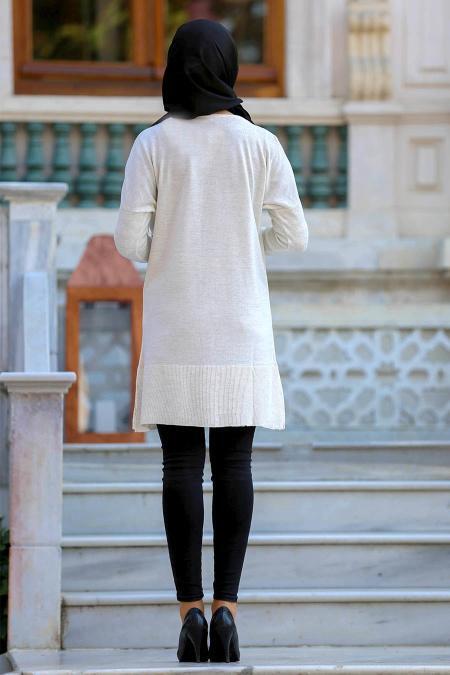 Neva Style - Kolları Düğme Detaylı Ekru Tesettür Triko 15058E - 2