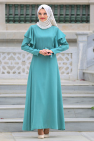 Neva Style - Kolları Fırfır Detaylı Çağla Yeşili Tesettür Elbise 41610CY - Thumbnail